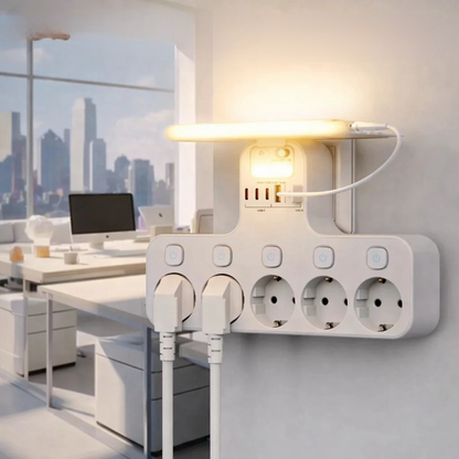 Wall-Mounted Power Strip with USB Ports, Phone Holder, and Night Light