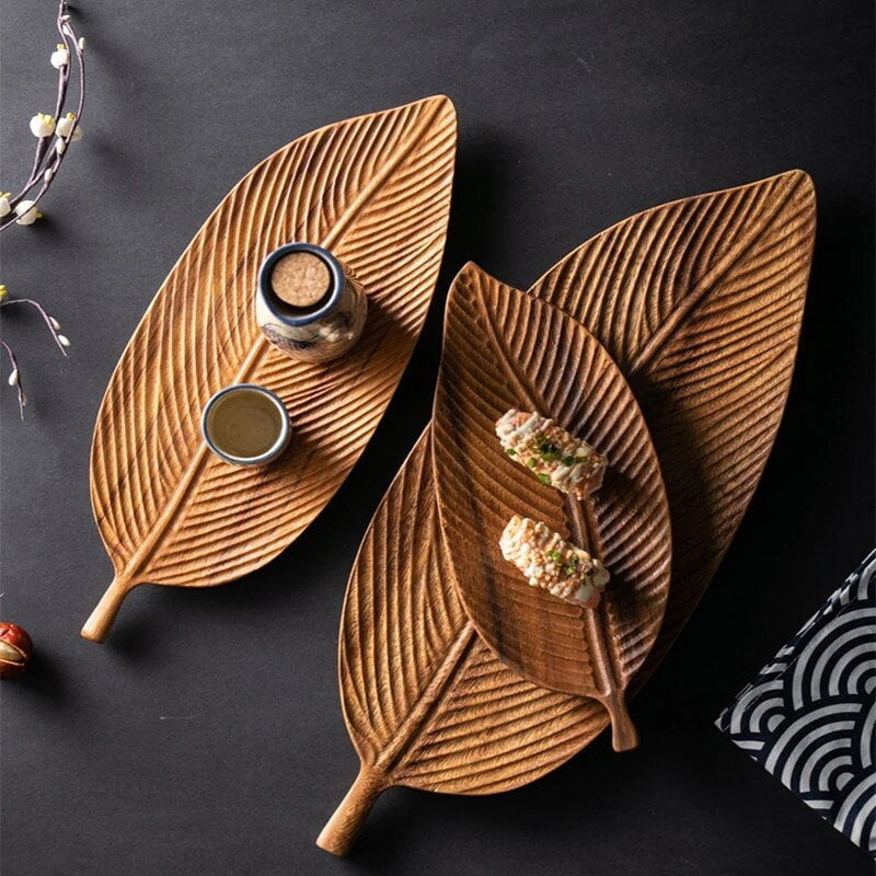 Wooden Leaf Serving Tray – Decorative Tray with Handle