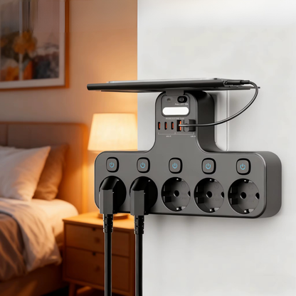 Wall-Mounted Power Strip with USB Ports, Phone Holder, and Night Light
