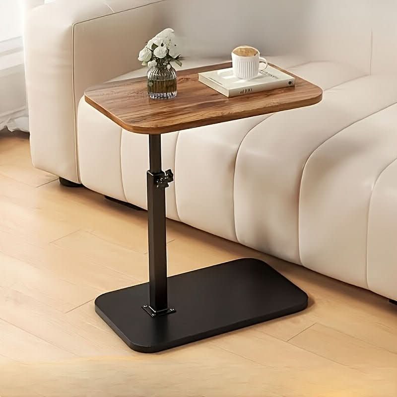 Height-Adjustable Side Table with a Wooden Top and Metal Frame