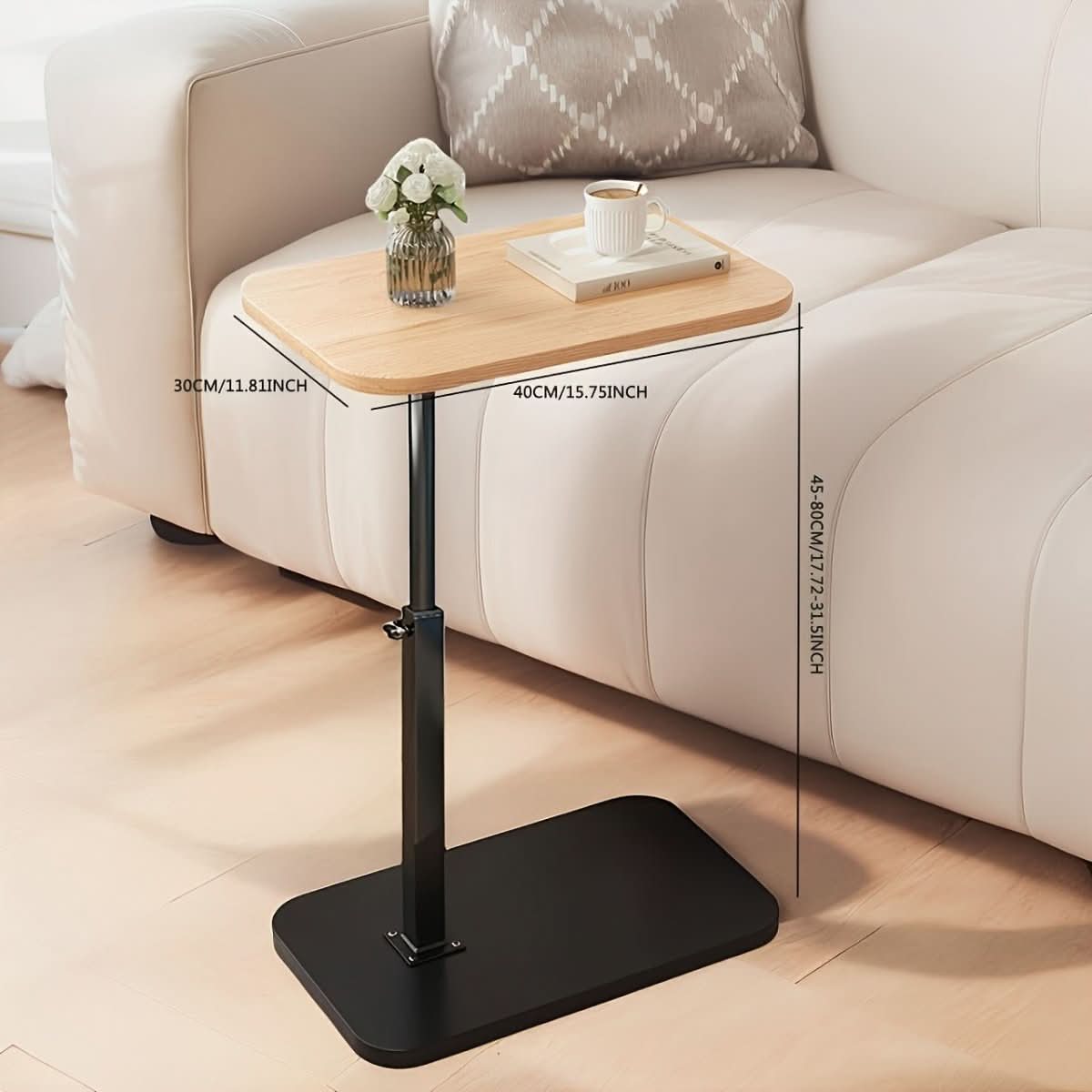 Height-Adjustable Side Table with a Wooden Top and Metal Frame