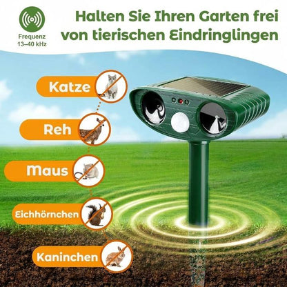 Solar-Powered Ultrasonic Animal Repeller – PIR Motion Sensor 110°, IP44, 13–40 kHz