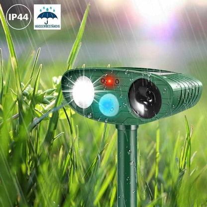 Solar-Powered Ultrasonic Animal Repeller – PIR Motion Sensor 110°, IP44, 13–40 kHz
