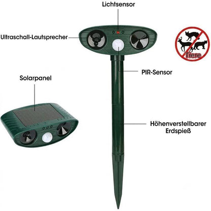 Solar-Powered Ultrasonic Animal Repeller – PIR Motion Sensor 110°, IP44, 13–40 kHz