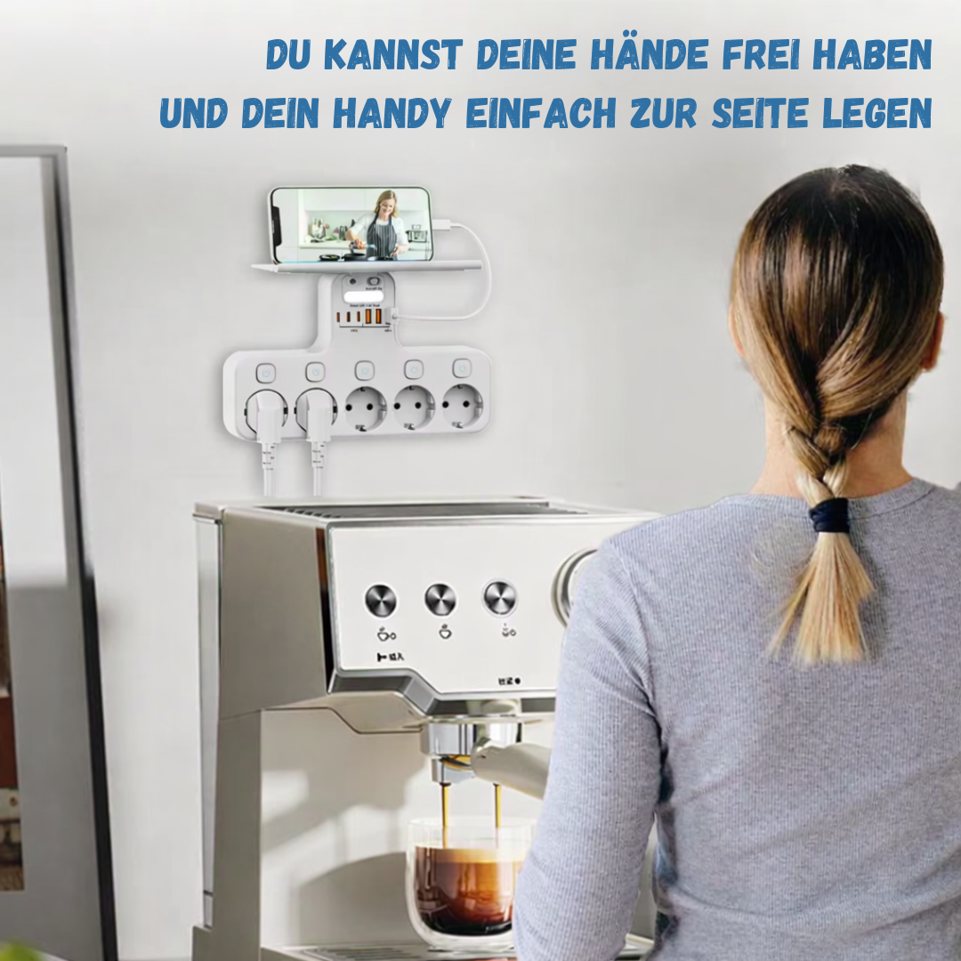 Wall-Mounted Power Strip with USB Ports, Phone Holder, and Night Light