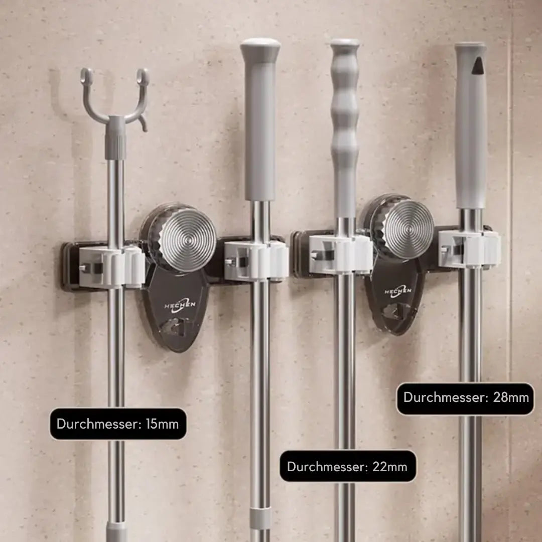 Space-saving holder for brooms and tools – Quick to install, no drilling required